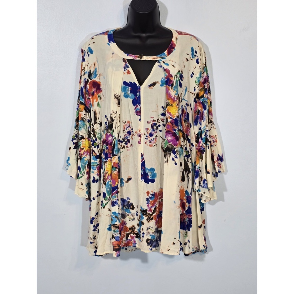 Jodifl Small Boho Floral Tunic Top Bell Sleeves Keyhole Neck Watercolor Print